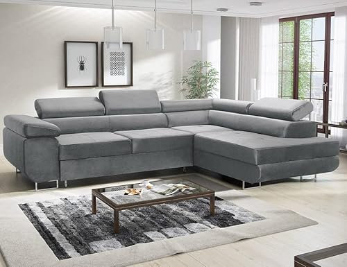MODERNO Ecksofa mit Schlaffunktion und Bettkasten Avesta - Sofa +3 Sitzen mit Robusten Metallfüße - Schlafcouch L-Form - Modern Couch 277x203x73 cm - Ecke Rechts Velours Grau
