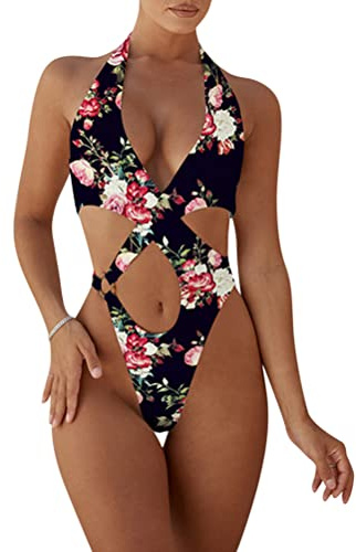 ORANDESIGNE Maillot De Bain Une Pièce Femme Col Licou Body Monokini String Wetlook Décolleté Transparent Micro Bikini Transparent Dessous Sexy Coquine Hot Cut Out Swimsuit A 06 L