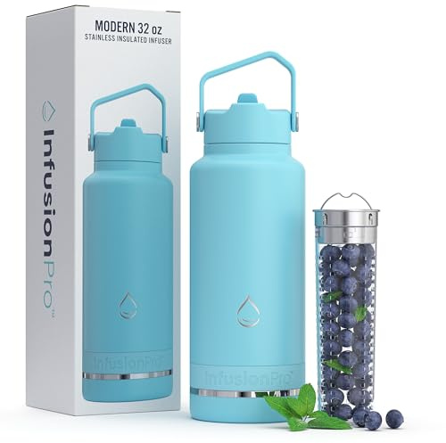 Infusion Pro Fruit Infuser Water Bottle with Straw Lid (32 oz) Stainless Steel Vacuum Insulated : 50 Recipe eBook Large for More Flavor Easy Cleaning Great Gift (Modern 32)