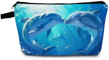 YULUENZE Dolphin Print Small Cosmetic Bag | Eiffel Tower Toiletry Makeup Purse, Cute Organizer Zipper Pouch, Eiffel Tower Birthday Present for Women Friends