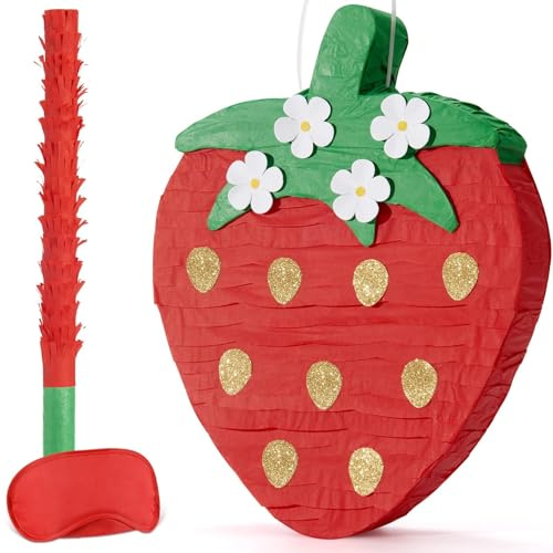 WERNNSAI Strawberry Pinata Fruit Pinata with Blindfold and Stick | Pink Strawberry Birthday Party Decoration Sweer Party Campus Celebration Supplies