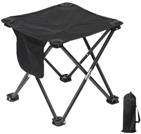 Tabouret de Camping avec Poches Latérales 33CM, Tabouret Pliable Portable avec Sac de Rangement, Assise Légère Tabouret Pliable pour Voyages, Randonnées, Jardin, Pêche, Barbecues, Plage (Noir)