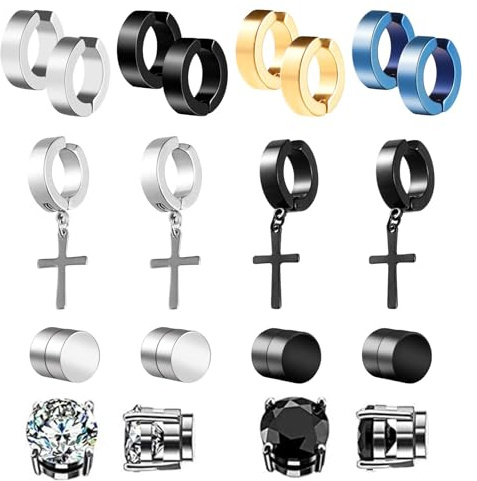SternSinn 10 Pair Männer Ohrringe Schwarz Silber, Herren Edelstahl Ohrringe, Magnet Ohrstecker Ohrrings Edelstahl CZ Magnet Ohrring Nicht Durchdringend Kreuz Baumeln Creolen