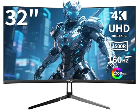 ZZA - 32 160Hz Gaming Monitor, Curved 4k UHD Monitor (3840x2160P) VA Display, 1500R Curved, Computer Monitor, AMD Freesync Compatible, 120% sRGB, Installations