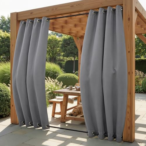PONY DANCE Cortinas Exterior Terraza Opacas Impermeable con Ojales Superior e Inferior, Cortinas Contravientos Aislantes Luz para Patio/Porche/Jardin 2 Piezas,132x243cm(AnxAl),Gris