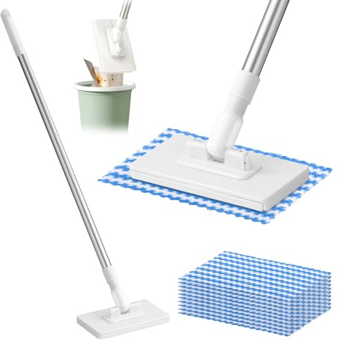 LTFIOON Wischmopp mit Druck Klemm System, Fauler Wischmop mit 10 PCS Mop Pads, Mini Mopp mit Automatischen Tuchwechsel, 1-Knopf-Wechsel, 360 Grad Beweglicher Drehkopf für Haushalt Büro