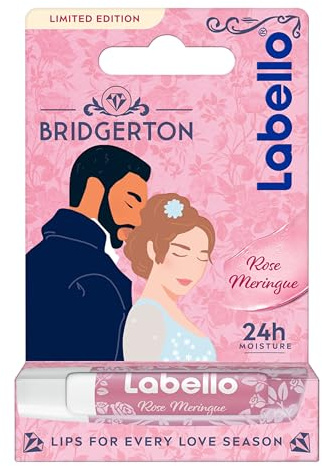 Labello Bridgerton Limited Edition Rose Meringue 4.8 g, Balsamo labbra colorato dal design romantico in edizione limitata, Burrocacao labbra lip balm idratante 24h con aroma di Rosa e tocco perlato