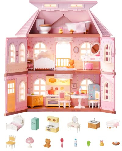 Rolife Haley Island Fairy Rose Cottage Dollhouse - 3-Story Pink Victorian Dream Home with LED Lights & Furniture, Birthday for Girls Ages 3+