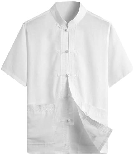 G-LIKE Herren Sommer Kleidung Hemd – Traditioneller Chinesischer Tang Stil Shirt Kampfkunst Kung Fu Tai Chi Trainingskleidung Freizeithemd Bestickte Kurzärmelige Tops für Männer (Weiß, L)