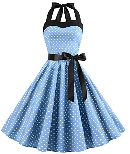 Rockabilly Kleider Damen 50s Vintage 50er Jahre Retro Petticoat Kleid Neckholder Polka Dot Sommer Swing Pettycoatkleider Festlich Partykleid Coctailkleid Kurz Ballkleid Abendkleid A#Hellblau S