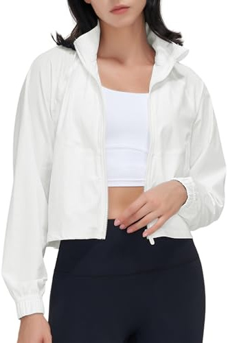 UANEO Womens Athletic Cropped Jacket Zip Up Long Sleeve Workout Tops Gym Yoga Running Sports Shirts Jackets(White-M)