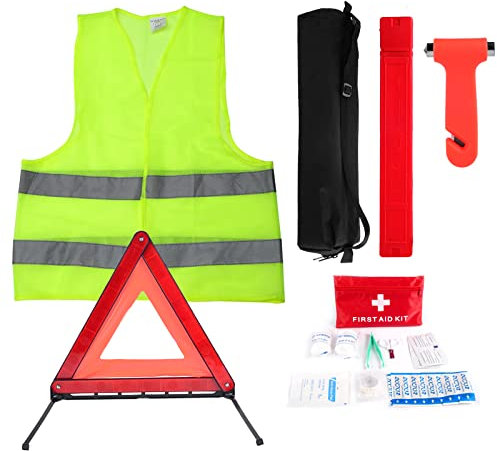 Car Emergency Kit, Warning Triangles for Cars, Roadside Assistance Tool Kit Car Breakdown Tool Set with Warning Triangle Visibility Vest First Aid Kit Safety Hammer for European France Driving Travel