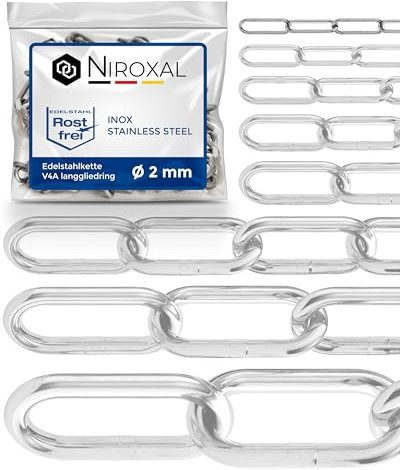 100 cm = 1 metro Catena in acciaio da 2 mm, salda V4A Catena in metallo a maglie lunghe, pezzo unico A4 Catena in acciaio inossidabile DIN5685 Gliederkette DIN763 Catena in acciaio inossidabile