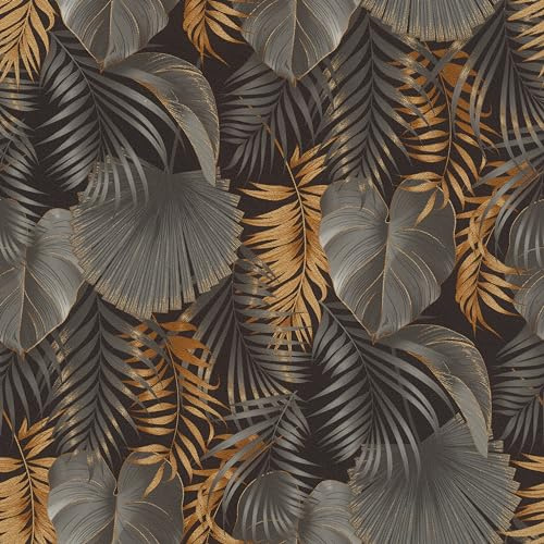 Rasch Tapet 462043 – mörk fleece-tapet med djungelmotiv, djungeltapet i svart och guld – 10,05 m x 0,53 m (L x B):