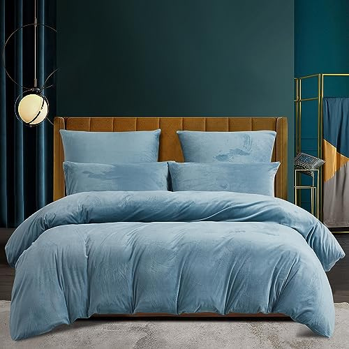 Funda de edredón de invierno de 220 x 240 cm, franela cálida, tacto Cashmere, forro polar, juego de cama de terciopelo azul claro, suave con cremallera, ropa de cama para 2 personas con 2 fundas de