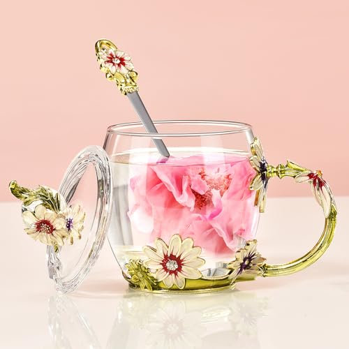 Wisolt Geschenke für Frauen Mutter Geschenk Teetasse Glas Geschenke für Mütter ihre Weihnachten Jahrestag Valentinstag Muttertag Lehrer Freund Glas Kaffeebecher mit Löffel Set Deckel