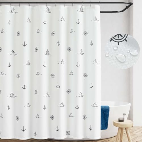 jinchan Black and White Nautical Shower Curtain Kids Cartoon Printed Waterproof Fabric Shower Curtains for Bathroom Ocean Sailboat Simple in Bath with 12 Hooks 70x72 Inches