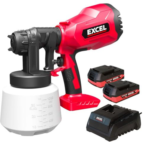 Excel 18V Cordless 1000ml Spray Gun with 2 x 2.0Ah Battery & Charger - 1000ml Tank Capacity, 2 Size Nozzles,3 spray patterns,Cleaning Needle & Brush, 18V Spray Gun