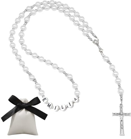 Capgoost Rosenkranz Kommunion Halskette, Perlen Katholische Kreuz Halskette, Taufe Rosenkranz mit Geschenkbeutel, Elegante Gebetskette Christlich, Heiliges Kommunion Geschenk für Mädchen Jungen