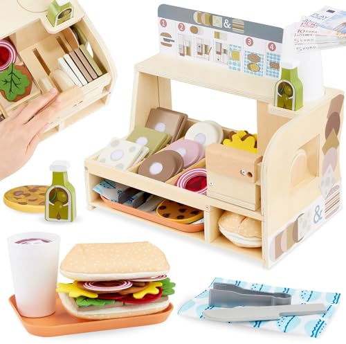 mamabrum Paninoteca Giocattolo in Legno per Bambini, Banco Fast Food con Cibo e Accessori, Gioco di Ruolo Ristorante, Panini e Cucina Giocattolo, 3 Anni