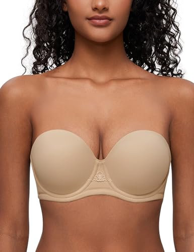 Deyllo Women's Strapless Bra Padded Cup Push Up Plus Size Full Coverage Underwire Support(Nude,34F)