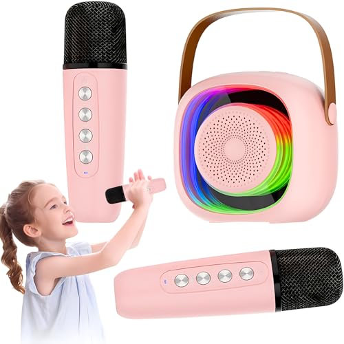 Micro Karaoke Enfant, Enceinte Bluetooth Portable avec 2 Microphones sans Fil pour Filles Garçons Jouet, Magique Voix Change et LED Lumière, Cadeau Fille Anniversaire Fête Noël Vacances(Rose)