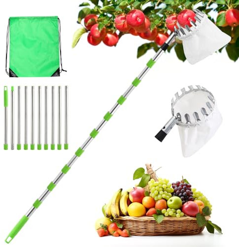seOSTO Fruit Picker Apple Picker 6 Sections Fruit Harvester 2.6M Long Fruit Picking Tool with Fabric Bag Holder, Easy to Screw Together and Use, with Drawstring Storage Bag