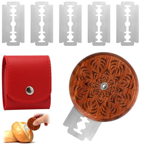 VOSSOT Utensile per tagliare il pane, con 5 lame, coltello da panettiere in acciaio inossidabile con copertura protettiva in vera pelle, strumento per segnare il pane, coltello per impastare