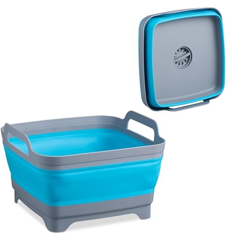 Relaxdays Bacinella Pieghevole, Catino da 9 L, Lavandino Portatile Campeggio, Vaschetta con Scarico e Manici, Blu Grigio