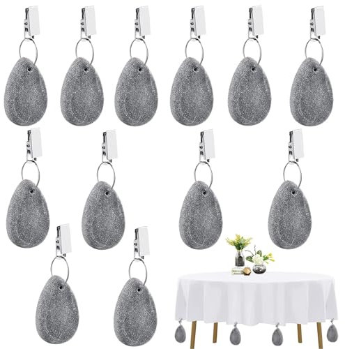 12 Stück Tischdeckenbeschwerer aus Naturstein,Tischdeckenbeschwerer für Draußen Tischdeckenbeschwerer Set mit Clip Grau Stein Tischdecke Gewichte für Tischdecken Klammern für Picknicks Hochzeiten