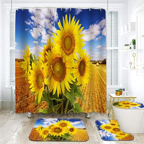 Duschvorhang Sonnenblume Gelb Badezimmermatte Verdickung Bad Teppiche Set, Duschvorhang Stoff+Bath Mat rutschfeste(50x80cm)+U-Typ Fußmatte Wasseraufnahme+Toilette Badmatte