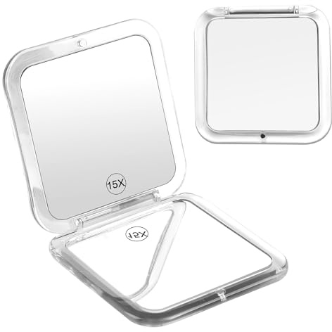 Tikplus Taschenspiegel mit Vergrößerung 15 Fach, 8,5 cm Vergrößerungsspiegel, Zweiseitiger Reisespiegel Klappbar mit 15X/1X Vergrösserung, Kosmetikspiegel Vergrößerung für Travel Präzisions Makeup