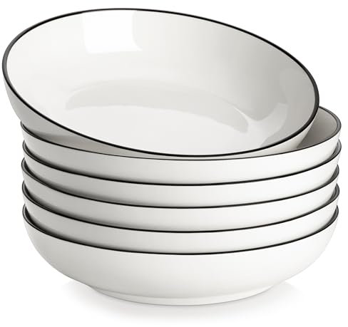 MALACASA Serie REGULAR Platos para Pasta, Platos Hondos y Juego de 6 Ensaladeras de Porcelana de 1250 ml, Color Blanco con Borde Negro