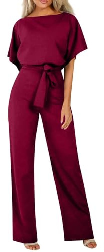 HOOUDO Womens Jumpsuits Summer Short Sleeve Playsuits Ladies Plain Casual Wide Leg Pant Belted Romper Formal Wedding Overalls Baggy One Piece Outfits Dungarees Buy Again My Orders Wine