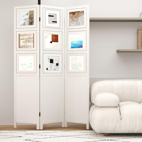 GIANTEX Biombo Plegable de Madera de Paulownia, 3 Paneles, con 9 Marcos de Fotos Giratorios, 121 x 170 cm, Separador de Espacios para Dormitorio, Salón, Oficina (Blanco)