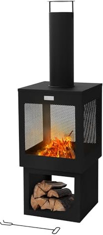 ML-Design Chimenea de Jardín 128 x 40 cm Cuadrada de Acero Negro, Estufa de Terraza para Exterior con Atizador, Techo Desmontable y Compartimento para Leña, Fogata Brasero Hoguera para Camping