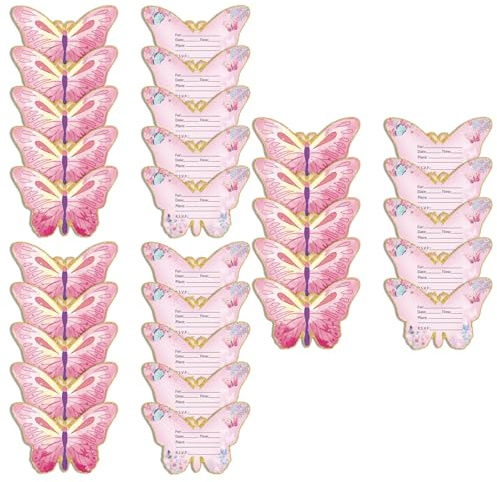 30 Pcs Pink Butterfly Invitations, Butterfly Party Birthday Cards, Personalized Kids Invitation Set, Party Supplies for Birthday Decoration, Baby Shower, Girls Event Announcements
