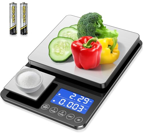 BRICH Bilancia da cucina e da cucina digitale con doppia piattaforma: precisa 15 kg/1 g e 500 g/0,01 g, funzione tara e somma, 7 unità, ideale per cucinare, cuocere e professionisti della cucina