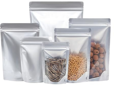 WACCOMT Pack 50 stycken silver ren aluminiumfolie stående upp klar front Mylar påsar livsmedelsförvaring dragkedjefickor varm tätning luktfri förpackningspåse (14 x 20 cm (5,5 x 7,8 tum)