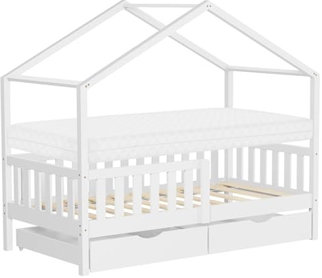 ML-Design barnsäng hussäng 80x160 cm Vit med madrass träsäng med 2 lådor fallskydd ribbotten leksäng av furu Montessorisängram golvsäng hus juniorsäng för barn lek och vila trygg sovplats