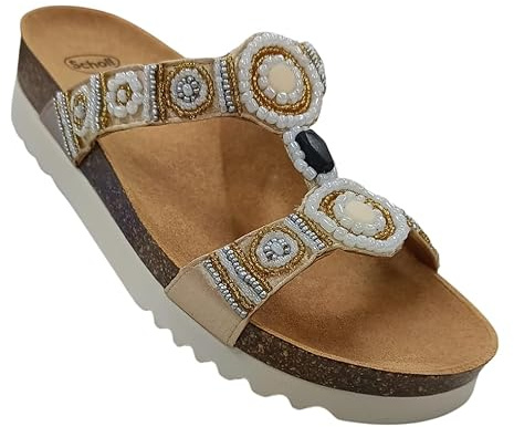 Scholl, New bogota' wedge, Sandali donna, Plantare Bioprint (Beige/Oro/Bianco, Sistema Taglie Calzature EU, Adulto, Numero, Media, 38)