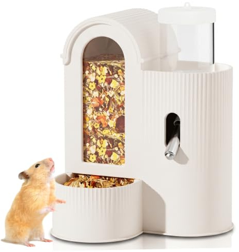 Mangeoire Automatique 2 en 1 et Bouteille d'eau pour Hamster, Distributeur Anti-Goutte avec Bol de Nourriture pour Rats, Souris, Blanc (360 ML de nourriture/80 ML d'eau), Bouteille