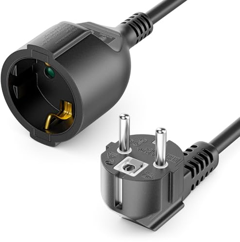 deleyCON 5m Cavo di Prolunga con Spina Tipo F (CEE 7/7) Angolato a 90° a Spina (CEE 7/3) - Cavo di Alimentazione per TV, PC, Computer, Proiettore - Nero