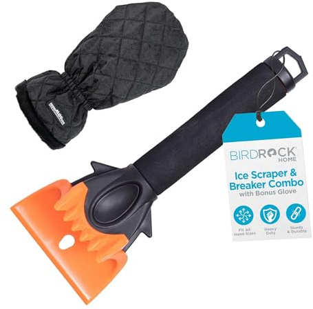 BIRDROCK HOME Ice Scraper & Breaker Combo for Car Windshield & Windows, Water Resistant, Padded Glove, Non-Scratch 4 Blade, ABS Plastic, Ice Remover, Warm & Cozy Waterproof Glove - 1 Pack