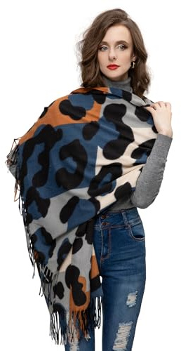Glamexx24 XXL överdimensionerad damhalsduk, bekväm och varm leopardmodell, trefärgad fransig poncho, sjalfilt, Blå, orange, vit, One size