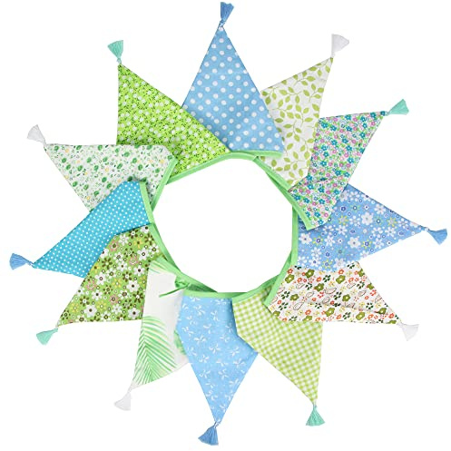 G2PLUS Fabric Bunting Banner with Tassel, 3.3M Double Sided Cotton Tassel Banner with 12 Blue and Green Triangle Pennants, Vintage Cloth Garlands for Nursery Bedroom Playhouse Decoration