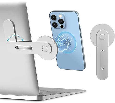 imluckies Magnetic Laptop Phone Holder, Adjustable Computer Monitor Side Mount Clip Compatible with iPhone 16/15/14/13/12 Series & MagSafe Case & All Phones, Portable Foldable Computer Bracket, Silver