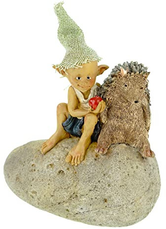 Joh. Vogler GmbH Wollen wir teilen? Pixie und Igel sitzen auf Stein 17 cm Figur Zwerg Kobold Fee Fabelwesen Gnom, 17 x 15 x 8 cm