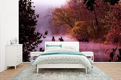 Selbstklebend Tapete Wandpapier Wandaufkleber Fototapete Tapeten Wanddeko 435x260 cm Pferde - Nebel - Wald