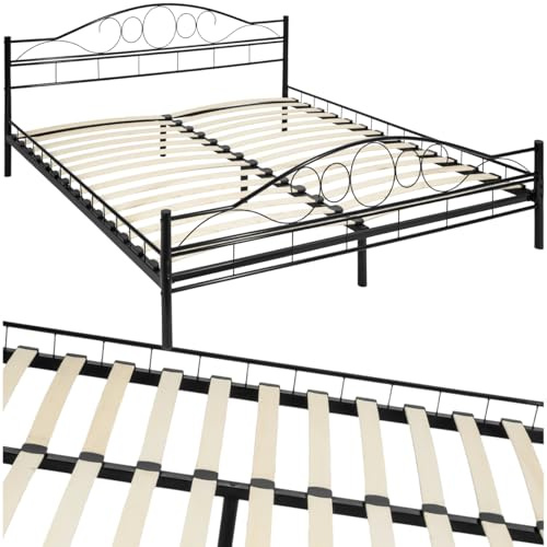 tectake® Metallbett, Bettgestell mit Lattenrost, Einzelbett, Doppelbett aus Metall, Bettrahmen mit Kopfteil Bett für Schlafzimmer, Gästezimmer, Gästebett, Jugendzimmer - 200 x 180 cm, schwarz/schwarz